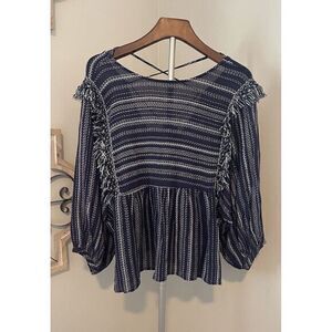 Blue Rain Boho Peasant Top Women's Size Small Blue Striped Crochet  Fringed Trim